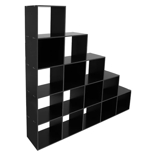 5-Tier Stepped Bookshelf, 15 Cube Storage Organizer Floor Standing Storage Shelf Modern Open Bookshelf for Home and Office (Black) - size: 15 Cube L-Shaped Black