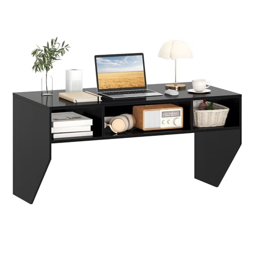 Giantex Wall-Mounted Computer Desk, Floating Laptop Desk with 3 Storage Compartments, Space-Saving Home Office Workstation Vanity Table for Bedroom, Study, Living Room (Black) - color: Black