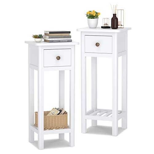 Giantex Tall End Table Set of 2, Narrow Side Table with Drawer and Shelf, Acacia Wood Nightstand for Living Room, 2-Tier Bedside Table for Small Space, No Assembly, White - color: White