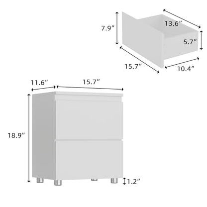 Modern Nightstand with 2 Drawers, Modern Handleless Bedside Table for Small Spaces, Compact Wood End Table for Bedroom, White 15.7" W x 11.6" D x 18.9" H