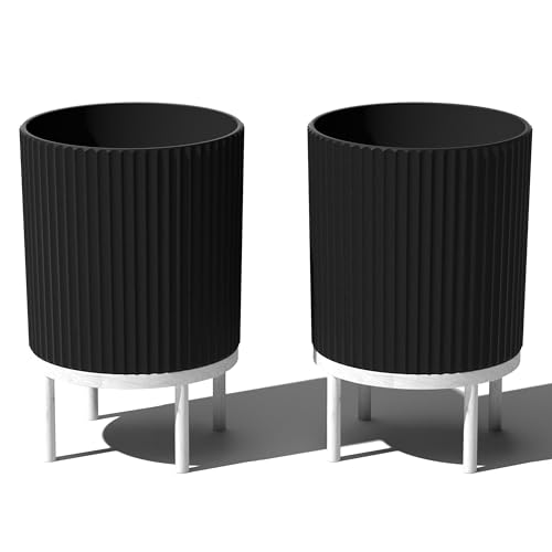 Veradek Demi Series Round Planter w/Stand for Porch/Patio | Durable Plastic-Stone Composite & Wooden Stand | Modern Décor for Tall Plants, Flowers - color: Black/White, size: 16 inch - 2 Pack