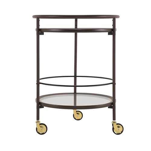 GDFStudio Modern Coffee Brown Round Bar Cart with Dual Tempered Glass Shelves, Gold Metal Accents and Lockable Casters, Rolling Beverage Serving Cart for Living Room, Dining Room or Kitchen - color: Coffee