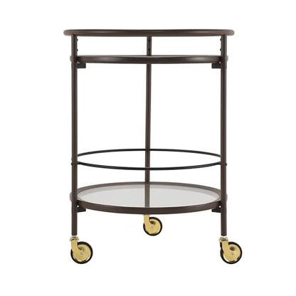 GDFStudio Modern Coffee Brown Round Bar Cart with Dual Tempered Glass Shelves, Gold Metal Accents and Lockable Casters, Rolling Beverage Serving Cart for Living Room, Dining Room or Kitchen - color: Coffee