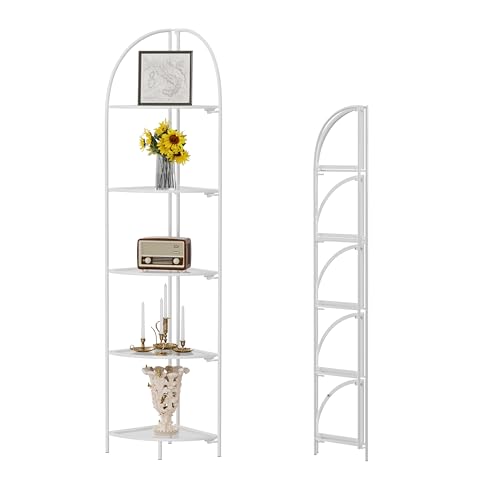 Crofy 5-Tier Foldable Corner Shelf, Metal White Frame & Transparent Shelves | Corner Plant Stand, Corner Display Rack, Multipurpose Shelving Unit for Living Room, Bedroom and Bathroom - color: White Frame & Transparent Shelf, size: 5 Tier