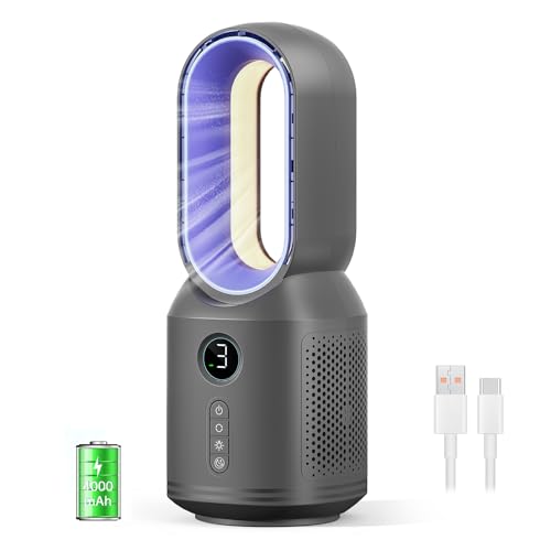 Desk Fan,13 Inch Portable Bladeless Fan, Small Quiet Office Fan with 106° Oscillating, 3 Speeds & Night light, LED Display,Button Control, Personal Battery Operated Table Fan for Bedroom, Office, Home - color: Purple
