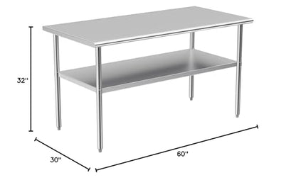 Stainless Steel Table for Prep & Work, 30x58 Inches, Metal Commercial Heavy Duty Table with Adjustable Under Shelf for Restaurant, Home and Hotel - size: 30x58in