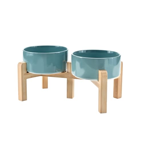 SPUNKYJUNKY Elevated Dog Bowls Ceramic, 6.1'' Dogs and Cat Food Water Bowls Raised with Non-Slip Bamboo Stand for Medium Sized Breed Microwave Dishwasher Safe - 28.7 OZ,Dark Green - color: Dark Green, size: 6.1 in - 3.6 cups