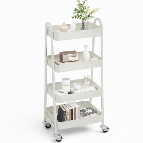 NEWBULIG 4-Tier Metal Rolling Storage Utility Cart with Lockable Wheels | Mobile Organizer Shelf, Space-Saving, Freestanding, Bathroom, Living Room, Slim, Narrow Corner Spaces, White - color: White, size: 4 Tier
