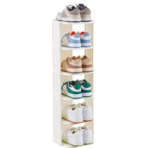 UFORU Vertical Shoe Rack, 6 Tiers Stackable Shoe Rack for Closet, Tall Standing Shoe Organizer, Small Shoe Shelf for Narrow Places Durable Plastic Construction (White) - color: White, size: 6 Tiers