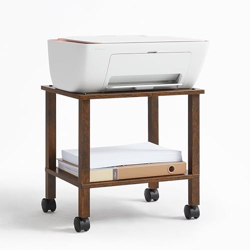 YUFAM 2 Tier Under Desk Printer Stand with Storage, Brown | Wooden Small Printer Table for Home Office, Rolling Printer Cart Shelf with Lockable Wheels - color: Brown, size: 11.8"D×15.7"W×15.3"H