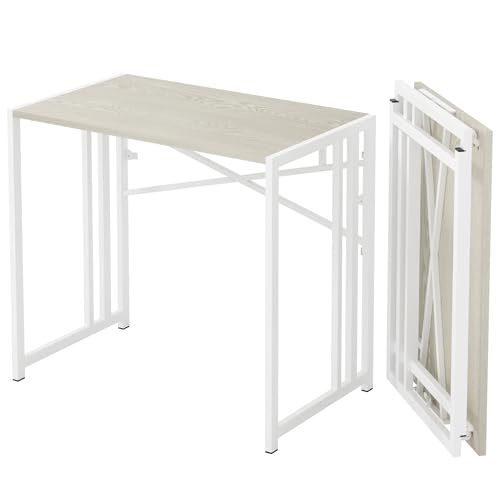 Lutown-Teen 35 inch Small Folding Desk, Writing Gaming Computer Camping Desk for Small Spaces, No Assembly Required Home Office Table, Natural and White - color: Natural and White, size: 35 Inch