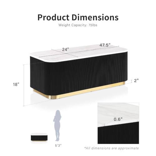 Furniture of America Beryl Modern Rectangle White Genuine Marble Top Coffee Table with Fluted Pedestal Base and Gold Stainless Steel Accent, Low Profile Table for Living Room, Home Office, Black - size: Coffee table, style: Rectangle