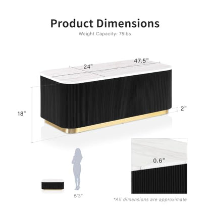 Furniture of America Beryl Modern Rectangle White Genuine Marble Top Coffee Table with Fluted Pedestal Base and Gold Stainless Steel Accent, Low Profile Table for Living Room, Home Office, Black - size: Coffee table, style: Rectangle