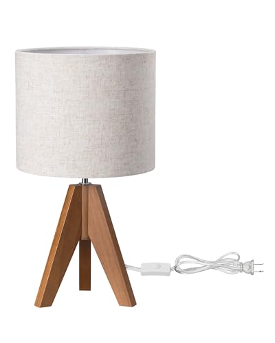 EDISHINE Tripod Table Lamp, Small Cute Bedside Lamp with Linen Beige Lampshade, Nightstand Lamp for Nursery, Bedroom, Kid Room, Living Room, Light Brown Wooden Base, E26 Socket, 14.2 Inch - color: Light Brown