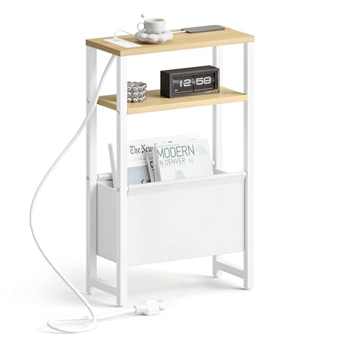 Narrow Side Table with Charging Station Slim End Table Sofa with Magazine Rack, Bedside Table for Small Spaces, 3 Tier Nightstand for Living Room Couch, Bedroom Natural LET503YE - color: Natural, style: With Charging Station