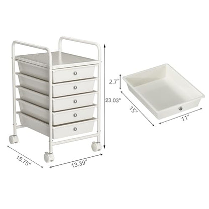 5-Tier Rolling Cart with 5 Drawers, Rolling Utility Cart with 2 Lockable Caster Wheels, Multipurpose Mobile Rolling Storage Drawer Cart for Office Bathroom Kitchen, Ivory White - size: White, 5-Tier