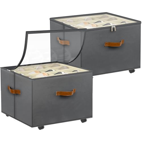 Foyego Shoe Organizer for Closet, 2 Pack Shoe Storage Organizer with Wheels and Adjustable Dividers, Stackable Shoe Storage Box with Clear Cover, Closet Shoe Organizer Fits up to 16-32 Pairs, Gray - color: Gray, size: 17"L x 17"W x 12 ½"H-2 Pack