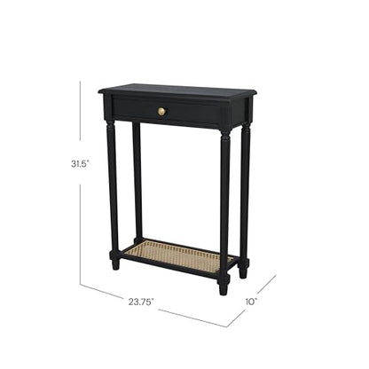 East at Main Lenora Black Narrow Console Table for Entryway with Drawer | 23.75-inch slim hallway table with cane shelf, solid wood frame, French country accent furniture for small spaces - color: Black