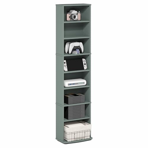 Furinno Jaya DVD Shelf, 8-Tier Tall Narrow CD Rack, Media Shelf with Adjustable Shelves, DVD Storage Cabinets for CD Bluray Game Disc, Easy Assembly, for Living Room, Home Office, Sage Green - color: Sage Green, size: 8-Shelf