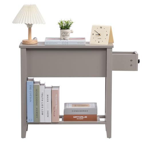 Grey Chairside Narrow End Table, Solid Recliner Side Table with Drawer, Slim Nightstand Bedside Table for Living Room Bedroom - size: 1 set grey
