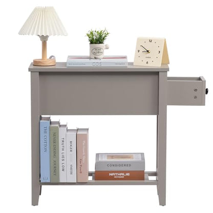 Grey Chairside Narrow End Table, Solid Recliner Side Table with Drawer, Slim Nightstand Bedside Table for Living Room Bedroom - size: 1 set grey