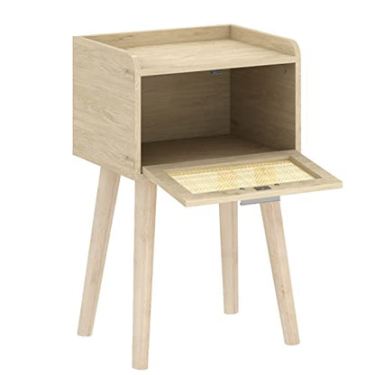 LAATOOREE Nightstand Set of 2, Small Bedside Table, End Table with Rattan Door, Boho Side Table with Solid Wood Legs for Bedroom Living Room Small Space - color: Natural, style: Boho Style