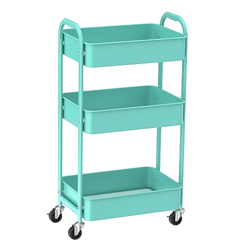 MAX Houser 3-Tier Rolling Utility Cart with Caster Wheels,Easy Assembly, for Kitchen, Bathroom (Turquoise) - color: Turquoise, size: 3-Tier Standard Cart