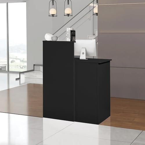 Reception Desk with Counter,Small Front Desk with Two Lockable Drawers,Cable Management Holes,Counter Table for Salon Lobby Office Home (Black) - color: Black