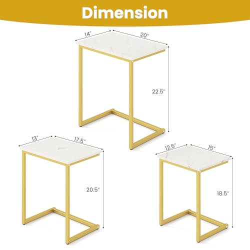 GOFLAME Nesting Coffee Tables Set of 3, Rectangular Nesting Center Table with Faux Marble Top & Metal Frame, Modern C-Shaped Nested Side Table Set for Living Room, Bedroom, Gold & White - color: Gold & White