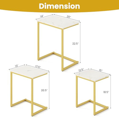GOFLAME Nesting Coffee Tables Set of 3, Rectangular Nesting Center Table with Faux Marble Top & Metal Frame, Modern C-Shaped Nested Side Table Set for Living Room, Bedroom, Gold & White - color: Gold & White