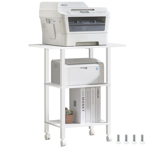 YUFAM 3 Tier Home Printer Stand with Storage, White | Wooden Mobile Printer Table Shelf, Rolling Printer Cart Shelf with Lockable Wheels fit Fax Machine, Scanner - color: White, size: 15.75"D×23.65"W×25.7"H