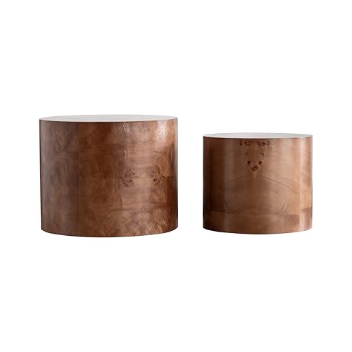 Nesting Coffee Table Set of 2, Modern Round Coffee Table, Wooden Circle Accent Tables for Small Spaces Living Room Bedroom Balcony Office Drum Side Table, Brown Burl - color: Brown Burl