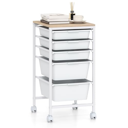 GOFLAME 5-Drawer Rolling Storage Cart, Craft Storage Cart with Wooden Tabletop and Lockable Wheels, Art Cart Supply Storage Organizer with Metal Frame for Home Office Classroom, White - color: White, size: 5 Drawer with Wood Top-13"x14.5"x25"