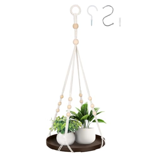 GREANER Indoor Plant Hanger 1 Pack, Brown Hanging Plant Shelf with Durable Plastic Tray, Indoor Hanging Planter for Indoor Outdoor Home Corner Window Ceiling Decor - color: Brown