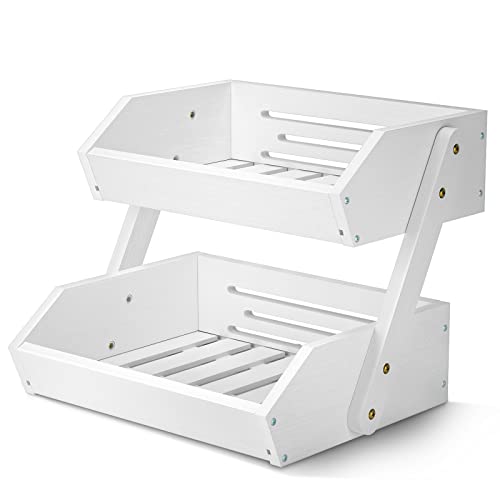 G.a HOMEFAVOR Fruit Basket for Kitchen, 2-Tier Fruit Bowl for Kitchen Counter, Vegetable Storage Stand for Fruit Shop, 15 mm Thickness (WHITE) | Bamboo Fruit Bowl Vegetable Storage for Fruit Shop and Home Organizer, 15 mm Thickness - color: White, size: 2