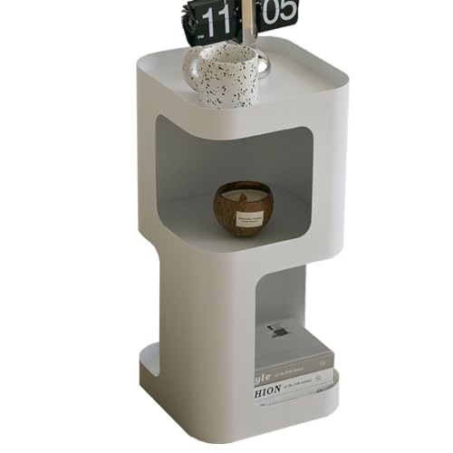Modern Side Table, Small End Table for Small Spaces, Metal Nightstand with Storage Shelf, Space-Saving Bedside Table Accent Table Drink Tables for Living Room, Bedroom, No Assembly Required - color: White Trumpet