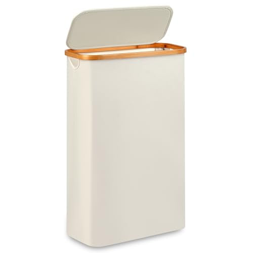 Slim Laundry Hamper,Narrow laundry Hamper with Lid,60L Hamper for Laundry,Dirty Cloth Hamper with Bamboo Handle for Towels, Clothes Organizing,Beige - color: Beige, size: 60L Slim