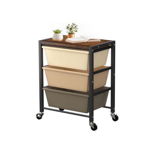 Rolling Cart with 3 Drawers, Plastic Drawer Storage Carts with Lockable Wheels & Wooden Tabletop, Metal Utility Cart Organizer, Office Bedroom Classroom Craft Organization and Storage, Dark Brown - color: Dark Brown, size: 3-drawer