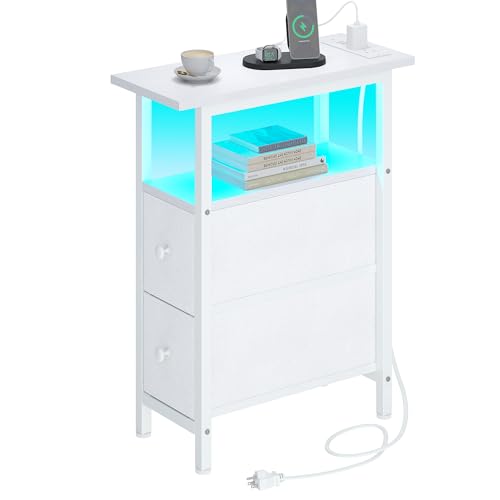 TRIFEBLE End Table with Charging Station, Narrow Side Table with 2 Fabric Drawers, Skinny Nightstand with LED Light, Slim Bedside Table for Bedroom, Living Room, Small Spaces, White