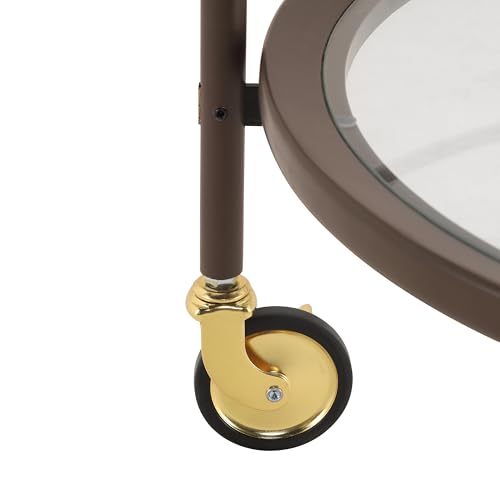 GDFStudio Modern Coffee Brown Round Bar Cart with Dual Tempered Glass Shelves, Gold Metal Accents and Lockable Casters, Rolling Beverage Serving Cart for Living Room, Dining Room or Kitchen - color: Coffee
