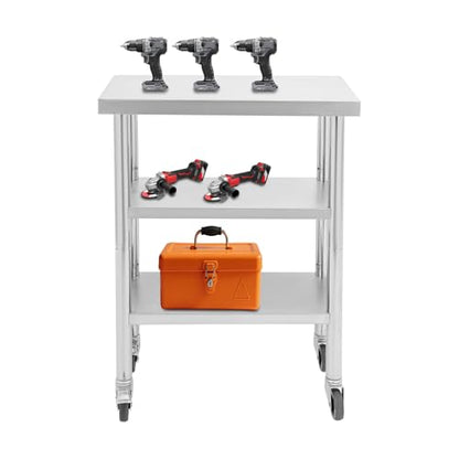 24"x14"x35" 3-Tier Industrial Work Table, Heavy Duty Stainless Steel Workstation with Adjustable Shelves, 305 lbs Top Load, 4 Swivel Casters and Leveling Feet for Small Spaces - size: 24 X 14 X 35 Inches