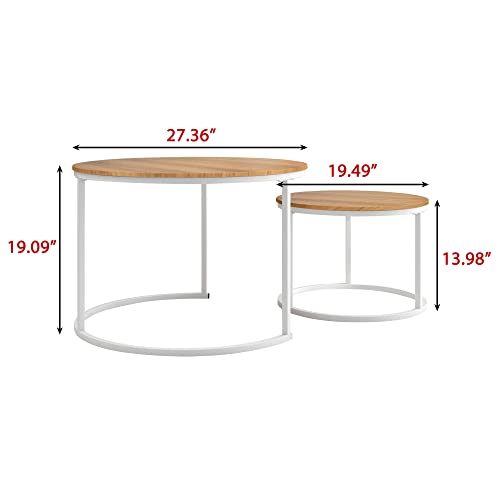 HOJINLINERO Round Coffee Table,Nesting White Coffee Table Set of 2,Large | Center Tables for Living Room, Home Small Space,Stacking Side Tables,Sturdy&Easy Assembly,Wood Desktop,White+Teak OAKDK - color: Wh+oakdk, size: Large