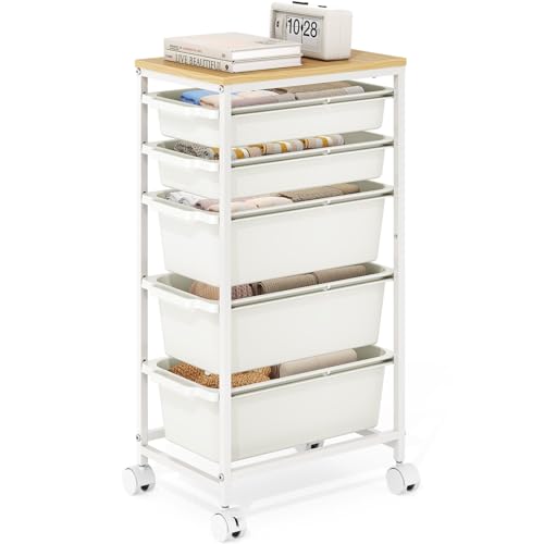 KINGBOARD Slim Rolling Cart with 5 Drawers, Metal Utility Storage Cart | Wooden Tabletop, Lockable Wheels, Table Side Trolley for Bedroom, Children's Room and Office Organization, White - color: White, size: 5-Tier