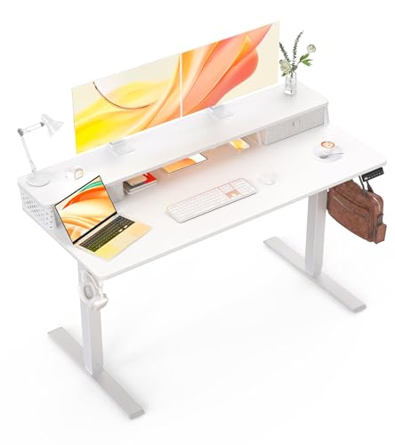 Electric Standing Desk with Two Drawers,55 x 24 Inch Sit Stand Desk Adjustable Height, Stand Up Desk with Storage Shelf, Computer Workstation for Home Office, White - color: White, size: 55" x 24"