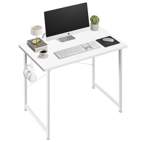 YSSOA Computer Desk Home Office Work Study Writing Modern Simple Table with Headphone Hooks - color: Basic White, size: 32 Inch