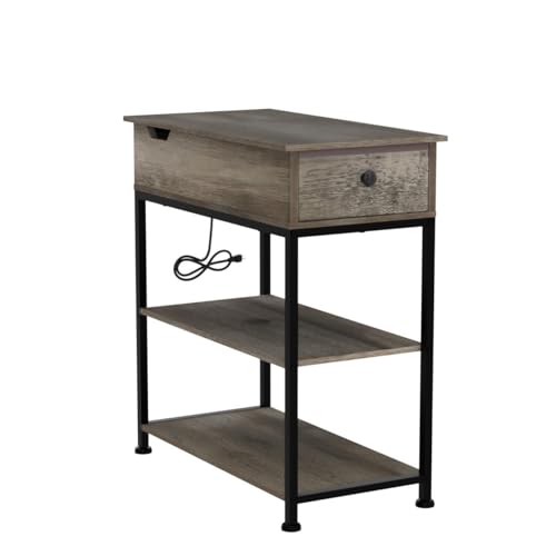 WLIVE 3-Tier Narrow Side Table with 2 USB Ports and 2 Outlets, Flip Top End Table with Drawer and Storage Shelves, Small Nightstand with Charging Station for Living Room/Bedroom, Greige - color: Greige