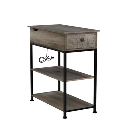 WLIVE 3-Tier Narrow Side Table with 2 USB Ports and 2 Outlets, Flip Top End Table with Drawer and Storage Shelves, Small Nightstand with Charging Station for Living Room/Bedroom, Greige - color: Greige