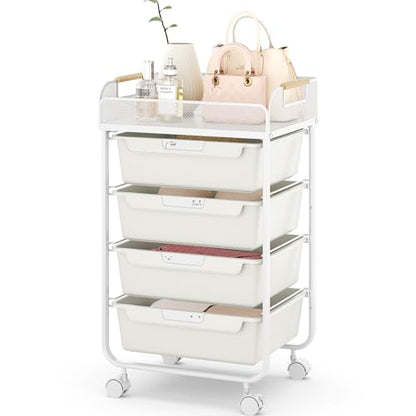 SYKIARIOL 4-Drawer Rolling Storage Cart with Mesh Top, Utility Craft Organizer Cart on Wheels with DIY Labels, Rolling Drawer Cart for Home Office Classroom Bedroom, White - color: White