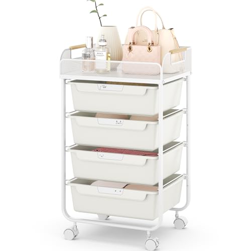 SYKIARIOL 4-Drawer Rolling Storage Cart with Mesh Top, Utility Craft Organizer Cart on Wheels with DIY Labels, Rolling Drawer Cart for Home Office Classroom Bedroom, White - color: White