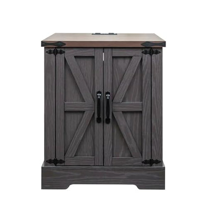 Farmhouse End Table with Charging Station, Rustic Wood Nightstand with Adjustable Shelf, 19.6"W Versatile Walnut Sofa Side Table with Barn Doors and Retro Hinges for Bedroom, Living Room (Grey-kk025) - color: Grey-kk025